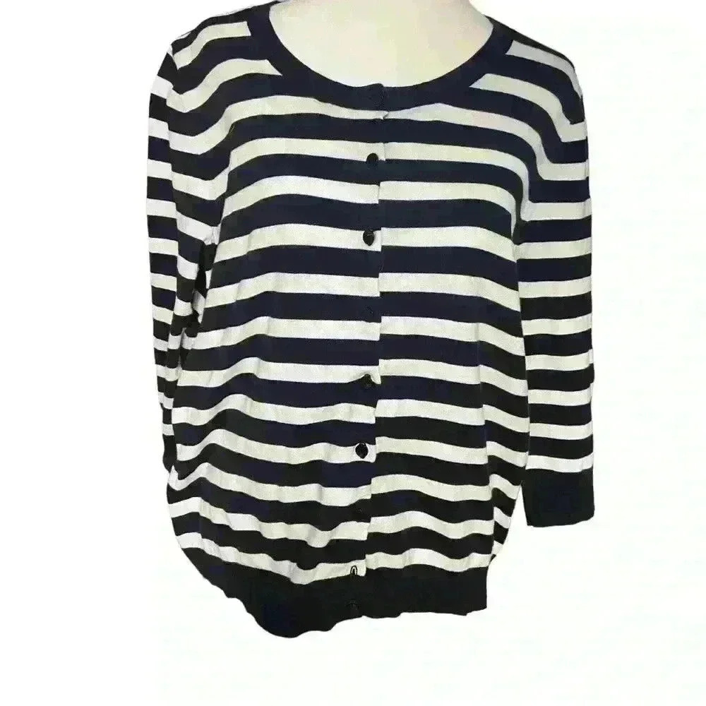 Talbots Women’s Pima Cotton Striped Cardigan Size 2XP Black White Button Up